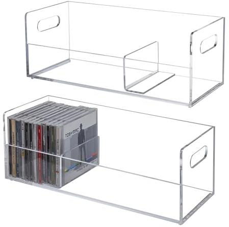 MyGift 2 Pcs Clear Acrylic CD Holder Racks, Stackable CD Storage Box, Music Disc DVD Display Cases, Modern Media Cassette Organizers with Cutout Carrying Handles