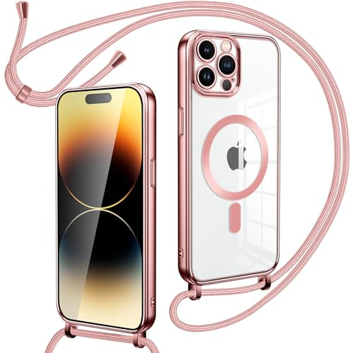 Oelrstfe Cover Trasparente con Cordino per iPhone 14 Pro Max con Magnetico,Custodia Sottile Morbido Silicone con Laccio Collana Tracolla Regolabile Antiurto Case con Collana,Rose-Gold