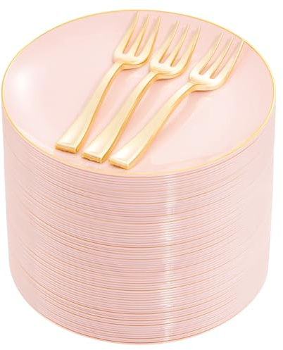 Festiva 200Pcs Pink Gold Cake Plates 6.3 with Forks 5- Disposable Salad Plates-Pink Dessert Plates-Appetizer Plastic Plates - include 100Plates 100Forks for Party&Wedding&Easter&Mother's Day