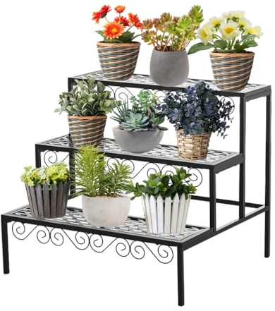 BAOYOUNI 3 Etagen Metall Pflanzentreppe Blumentreppe Blumenbank | Pflanzenregal Blumenregal Pflanzenständer Blumenständer für Garten, Balkon, Terrasse, Indoor und Outdoor, Schwarz