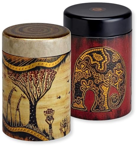 MediMuc Dose Africa je 125g - 2er Set - mit afrikanischen Motiven aufwendig lackiert, Drehverschluss - Vorratsdose, Kaffee- Teedose lebensmittelecht - Ø 7,5 cm x H 11,7 cm
