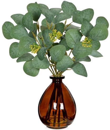 Oairse Fake Plants Artificial Eucalyptus Stems in Glass Vase with Faux Water 34cm Fake Plant Eucalyptus Leaves Greenery Faux Silver Dollar Leaves for Home Table Centerpiece Shelf Decor
