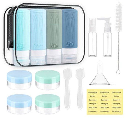 JAMATA Flacons De Voyage en Silicone 95 ml, 16 Pièces Bouteilles de Voyage remplies, Flacons en Silicone avec Trousse de Toilette Portables, Sans BPA, pour shampooings, lotions et Articles de Toilette