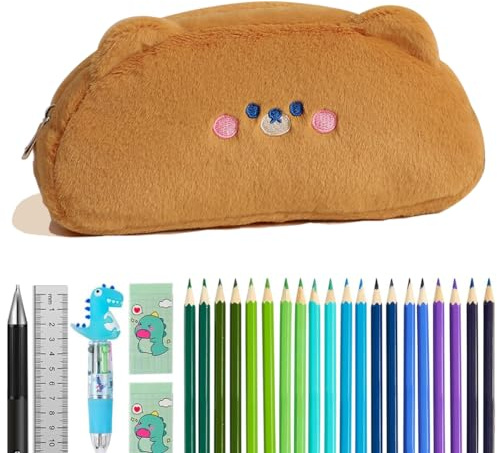SUNSK Bär Federmäppchen Cartoon Plüsch Bleistiftbeutel Kawaii Stiftebeutel Niedliches Federmäppchen Große Kapazität Briefpapier Pouch Stifte Etui Mäppchen für Mädchen Schul und Büro (Braun)