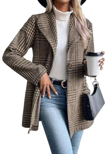 IDEALSANXUN Blazer largo de lana a cuadros para mujer, trajes de otoño e invierno, gabardina de manga larga, casual, elegante, chaqueta con solapa, Beige Marrón, Large