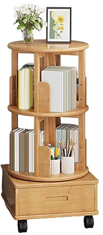 XNZJHPP Drehbares Bücherregal mit 2 Ebenen, kleines Bücherregal mit Aufbewahrungsschublade, 360°-Ausstellung, schmales, drehbares Eck-Bücherregal aus Holz