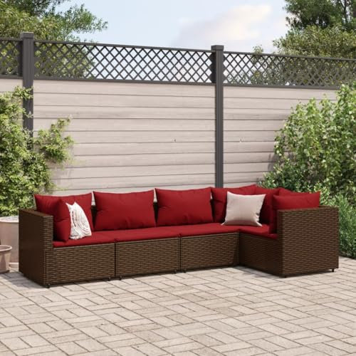 Homgoday 5-TLG. Garten-Lounge-Set mit Kissen Balkonmöbel Gartenlounge Gartensofa Balkon Lounge Sofa Ecksofa Garten Sitzgruppe Gartenmöbel Set Braun und Rot Poly Rattan
