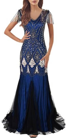 KBOPLEMQ 20er Jahre Kostüm Damen Charleston Kleid Gold Abendkleid Kleid 1920's Art Deco Great Gatsby Kostüm Vintage Retro Pailletten Perlen Kleid Elegante Flapper Ballkleider Cocktailkleid