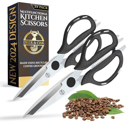 Deer & Oak Kitchen Scissors (2 Pack), Recycled Coffee Handles | Heavy Duty Sharp Shears · Eco-friendly Build