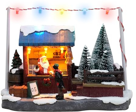 Spetebo LED Weihnachtsszene Verkaufsstand mit Weihnachtsmann - 19 x 14 cm - Deko Winterstadt Verkaufsbude bunt beleuchtet - Weihnachtsdorf Szene Tischdekoration Weihnachtsdeko beleuchtet