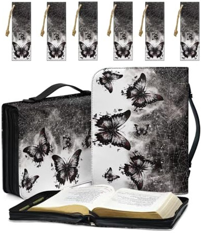 COEQINE Bibelhüllen für Frauen, Gothic-Buchstabe, Bibeltasche mit Griff, schwarze Bibel-Tragetaschen für Bibelstudium, Zubehör, für Frauen, Damen, Schmetterlings-Lesezeichen, 7 Stück
