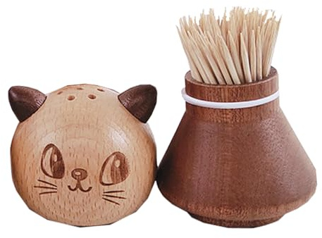 Pcingsia Porta stuzzicadenti a di gatto, scatola per stuzzicadenti in stile cartone animato, dispenser in legno, porta stuzzicadenti a di gatto, decorativo per accessori