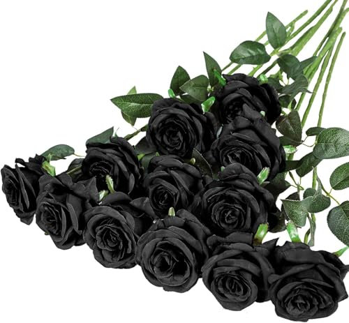 Nvzi 12 Blumensträuße aus künstlichen Seidenblumen, realistische Rosensträuße mit langen Stielen für Zuhause, Hochzeit, Dekoration, Party, (schwarz)