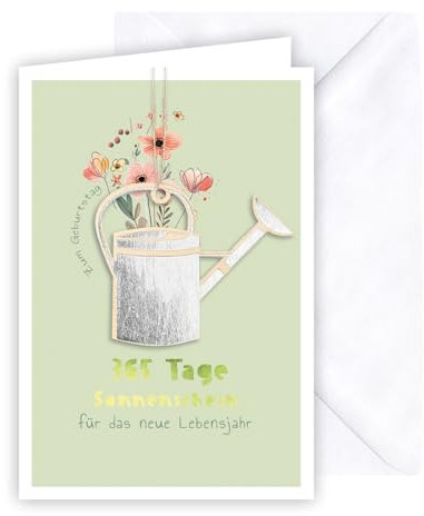 KE- Kreative Glückwunschkarte zum Geburtstag - Weißer Umschlag - Folienveredelung - Holzteil an Juteband - Geburtstagskarte mit Accessoire - Motiv: Gießkanne