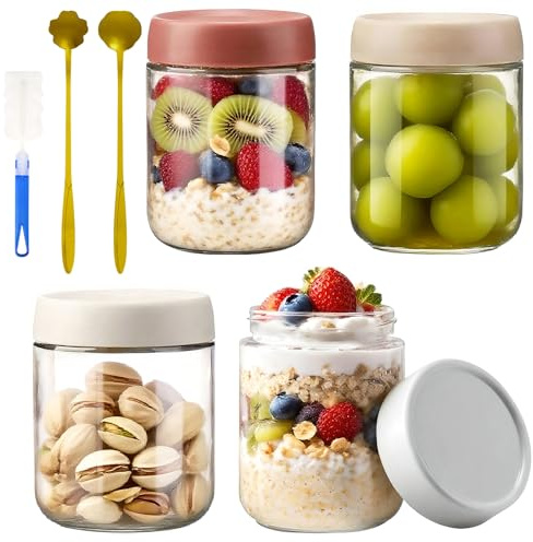 Priksia Overnight Oats Jars 500 ml - Pack of 4 Preserving Jars with Lids Meal Prep Jars Leak-Proof Preserving Jars Glass with Lid for Salad, Cereal, Yogurt, Pudding, Jam, Pickling, Snacks