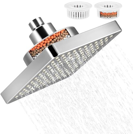 High Pressure Rain Shower Head with 2 Filter, Square Fixed Shower Head with Adjustable Brass Swivel Ball, G1/2 Universal Fitting, Chrome, 6 Square High Pressure Rainfall Showerhead
