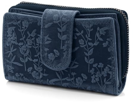 ekavale Leder Geldbörse - Damen Portemonnaie mit Blumenprägung - Sicherer RFID Blocker - Kompakte Brieftasche mit Kartenfächern und klassischem Design für jeden Anlass (Navy)