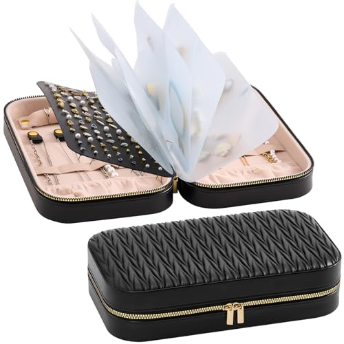 Lolalet Travel Jewelry Organizer, Jewellery Storage Case with Pocket, Earrings Necklaces Bracelets Ring Zippered Storage Pouch for Women -Black