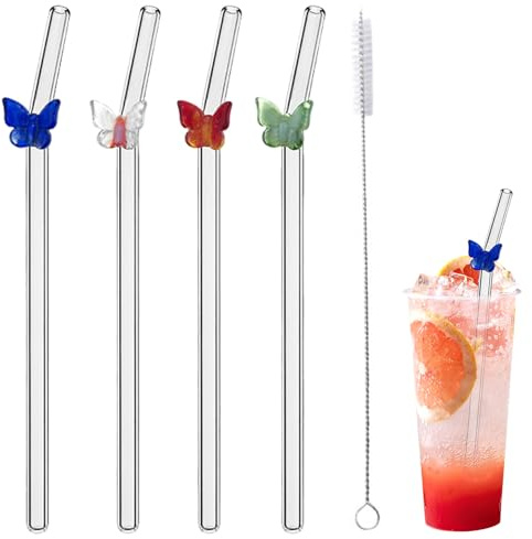 FILOEEX 4 Pcs Glass Straws with 1 Cleaning Brushes,Colorful Reusable Drinking Straws,Cute Reusable Straw Dishwasher Safe,Shatter Resistant Straws for Smoothies,Cocktails,Coffee,Juice (Butterfly)