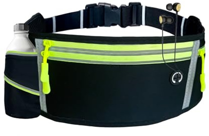 Cinturón Running Ajustable con 4 Bolsillos, Portabotella, Puerta AU - Riñonera Deportiva Ligera, para Correr, Fitness, Senderismo, Viajes - Riñonera Running Hombre y Mujer, Reflectante