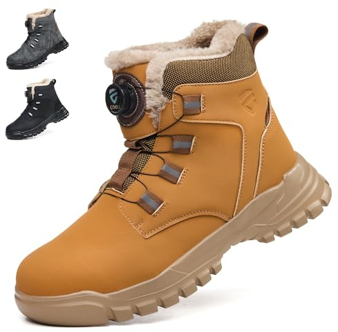 KOIFISH Winter Work Boots Mens Womens Warm Fur Lined No Lace Steel toe Cap Boots Comfortable Anti Slip Lightweight Safety Shoes Yellow