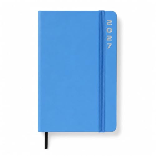 Taschenkalender 2027 A6 mit Gummiband - 1 Woche 2 Seiten Kalender (Blau) | Handlicher Kalender 2027 klein (9,5 x 14,5 cm) mit Feiertagen, Ferien, Jahresübersicht & Leseband - robustes Hardcover