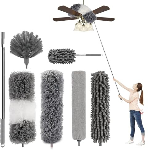 7 Pièces Plumeau Telescopique,Tete de Loup Longueur Maximale 256cm, Lavable Microfibre,Plumeau Poussiere Telescopique pour Plafonds, Convient pour Les plafonds, Gris
