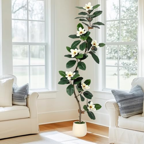 Garvee 6 ft Künstlicher Pflanzen 180 cm mit Weiß Topf, Künstlicher Magnolien Mit 7pcs Blüten Künstlicher Pflanzen Große Indoor Outdoor Haus Büro Garten Moderne Dekoration Housewarming Geschenk