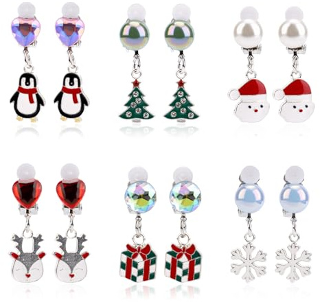 6 Pairs Christmas Clip on Earrings, Adorable Resin Holiday Earrings Set for Girls Teenagers Christmas Ear Clips (Combo 1)