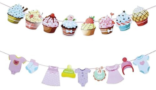 Baby Shower Party Decorations, 2 Pack Pre-Assembled Paper Garland Banner Set with Cupcakes and Baby Clothes Design for Gender Reveal, Photo Props