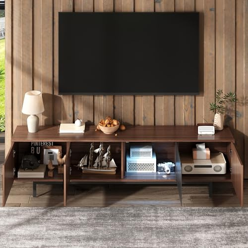 DACHETOU Mueble de TV con textura tallada, 50 x 200 cm, cristal templado, diseño moderno, color nogal + negro