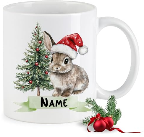 GRAZDesign Personalisierte Weihnachtstasse 330 ml – Keramiktasse mit Namen & Tiermotiv Hase Geschenkidee zu Weihnachten, Winter & Nikolaus