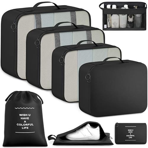 BAGAIL 8-teiliges Packwürfel-Set, Reiseorganizer mit atmungsaktivem Netz & Schuhbeutel, leichte Nylon Packorganizer für Koffer, 9 Farben - Schwarz