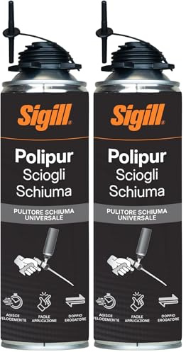 Sigill - Scioglischiuma Matic, Bombola Spray da 500 ml, Rimuove Schiuma Poliuretanica Fresca, Ideale per Pulizia Applicatori a Pistola, Manutenzione Rapida e Precisa (Confezione da 2)
