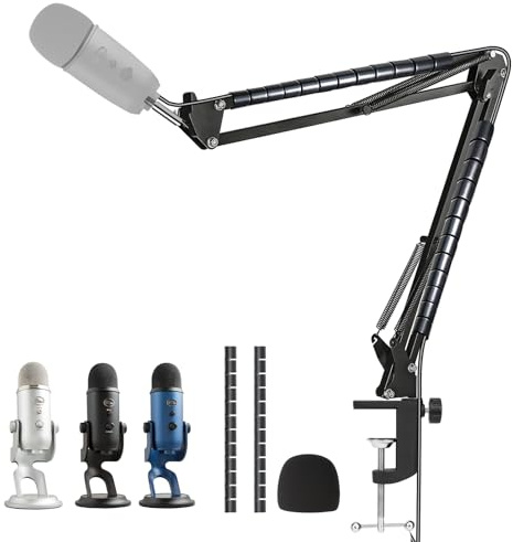 WIBOND Mic Boom Arm Compatible with Blue Yeti, Mic Arm Stand with 3/8 to 5/8 Screw Adapter, Cable Sleeve, Mic Foam Cover, Desk Clamp
