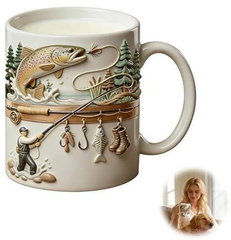 KxrTpx 2D Fishing Mug, Fishing Gifts for Men, 350 ml Ceramic Coffee Mugs, Novelty Mug for Cold Weather Outdoor Water Campfire Tea Hiking Adventure Game Home Camping Party Whiskey Beer