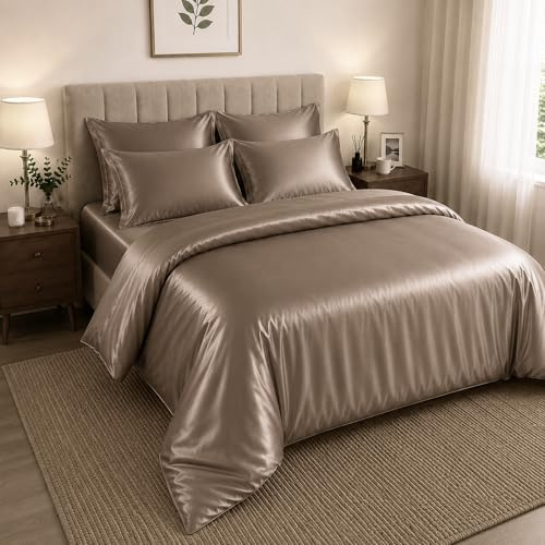 BOSKI LONDON Luxury 6 Piece Satin Silk Bedding Set | Duvet Cover, Deep Fitted Sheet & Pillowcases | Soft Silky Bedding Set Single Double King & Super king Sizes (MINK, SINGLE)