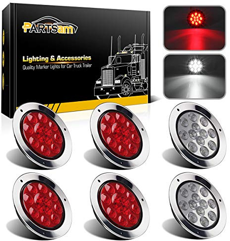 Partsam 4 Red + 2 White 4 Round Led Stop Turn Tail Back-up Reverse Fog Lights Include Lights Flange Mount 12 LED for Truck Trailer RV