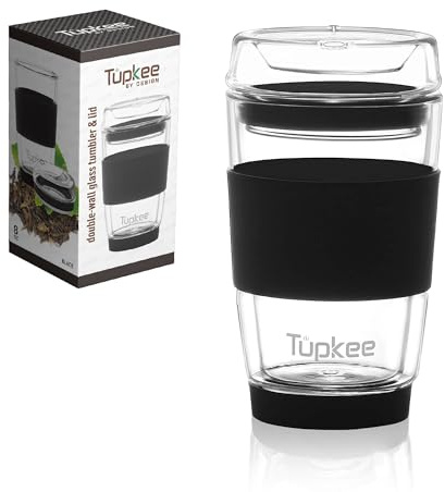 Tupkee Glastumlare med dubbla väggar – 237 ml, helt glas återanvändbar isolerad te-/kaffemugg och lock, handblåst resemugg i glas – svart