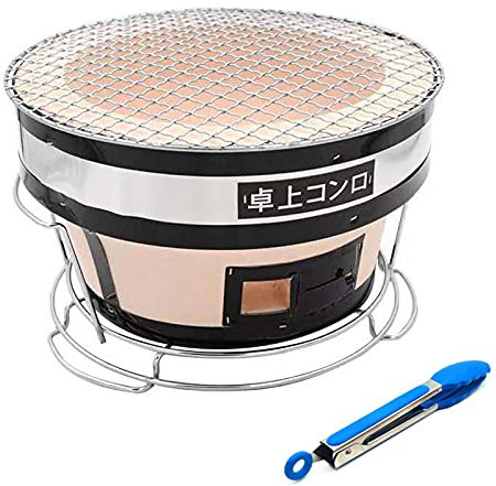 Hibachi Barbecue Charcoal Grill, Japanese Round Ceramic Clay Charcoal Stove Tabletop Yakitori Charcoal Grill Cooker for Camping Or Home(Free Food Tongs)