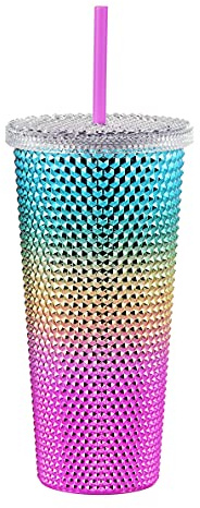ALINK Studded Tumbler with Lid and Straw, Reusable Cup with Straws Lids, Plastic Water Bottle, Iced Coffee Travel Mug Cup - Rainbow