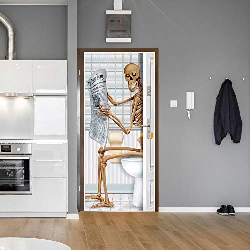 GSKBDQ Fototapete Türtapete Selbstklebend Kreativer Totenkopf Weiß Türposter Abnehmbar Türfolie Poster Tapete 3D Kreative Türaufkleber Für Innentüren Wohnzimmer Schlafzimmer Küche Bad 77X200Cm