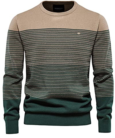 BeerMmay Herren Kontrast Pullover - Schmaler Rundhals, Gestreift, Casual Top, Khaki, XL