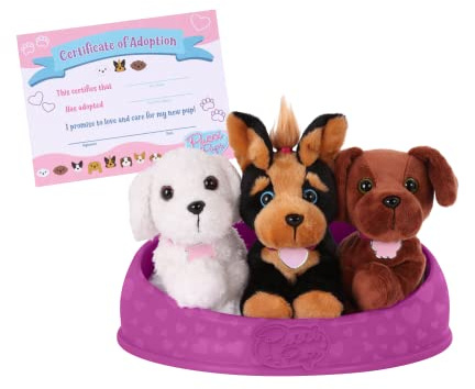 Pucci Pals Adopt-A-Pup Plüschwelpen mit Hundebett und Urkunde, Thema 4 | Set mit 3 Plüschwelpen, Hundebett und Adoptionsurkunde; Namensetiketten können personalisiert werden, Thema 4; 2+ Jahre