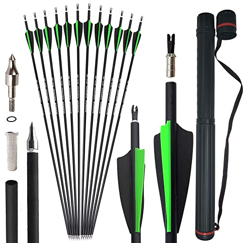 SHARROW 32 Zoll Carbonpfeile für Bogenschießen Spine 500 Carbon Pfeile Carbon Jagdpfeile mit 3 Zoll Gummifedern Pfeile für Bogen Pfeil Recurvebogen Compoundbogen (12 pcs, Pfeile+1Köcher)