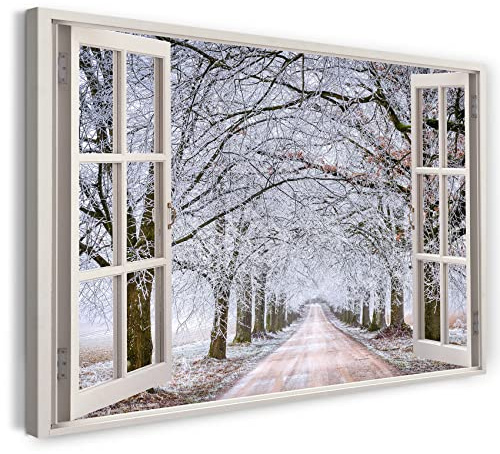 Printistico Bilder Fensterblick 80x60cm Baumwoll-Leinwand auf Keilrahmen mit Aufhänger moderner Kunstdruck XXL Wandbilder Wand-Dekoration Feldweg Bäume Winter Schnee Natur - Natur-Fotografie