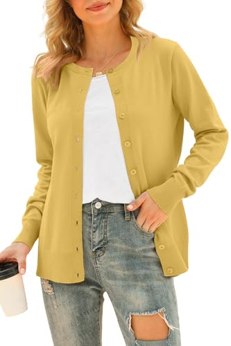 YUNDAI Womens Round Neck Button Down Long Sleeve Lightweight Knit Cardigan | Soft lightweight knit cardigan, round neck & button closure, long sleeve relaxed fit for spring fall daily casual outfits