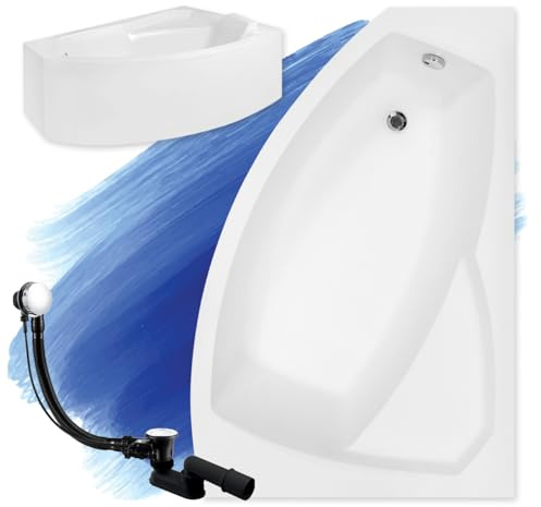 BADLAND Badewanne Original Weiß Acryl Wanne Eckbadewanne RIMA 160x100 Rechts KOMPLETTSET SET mit Weiß Acrylschürze + Füßen und Exklusive Chrom Automatik Ablaufgarnitur Made in EU 4in1