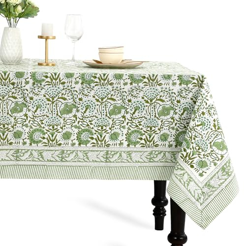 CPC Tablecloth 100% Cotton 70x108 Inch Indian Block Print Rectangle Table Cover, Green Table Cloth for Weddings, Spring/Summer, Barbeque - Agate Green