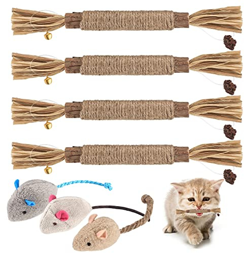 Newoutset 4 Pcs Natural Silvervine Cat Chew Sticks, with 3 Pcs Cat Mouse Toys, Kitten Catnip Chew Toys for Indoor Cats, Cleaning Teeth, Teething, Stress Release Toys Sticks
